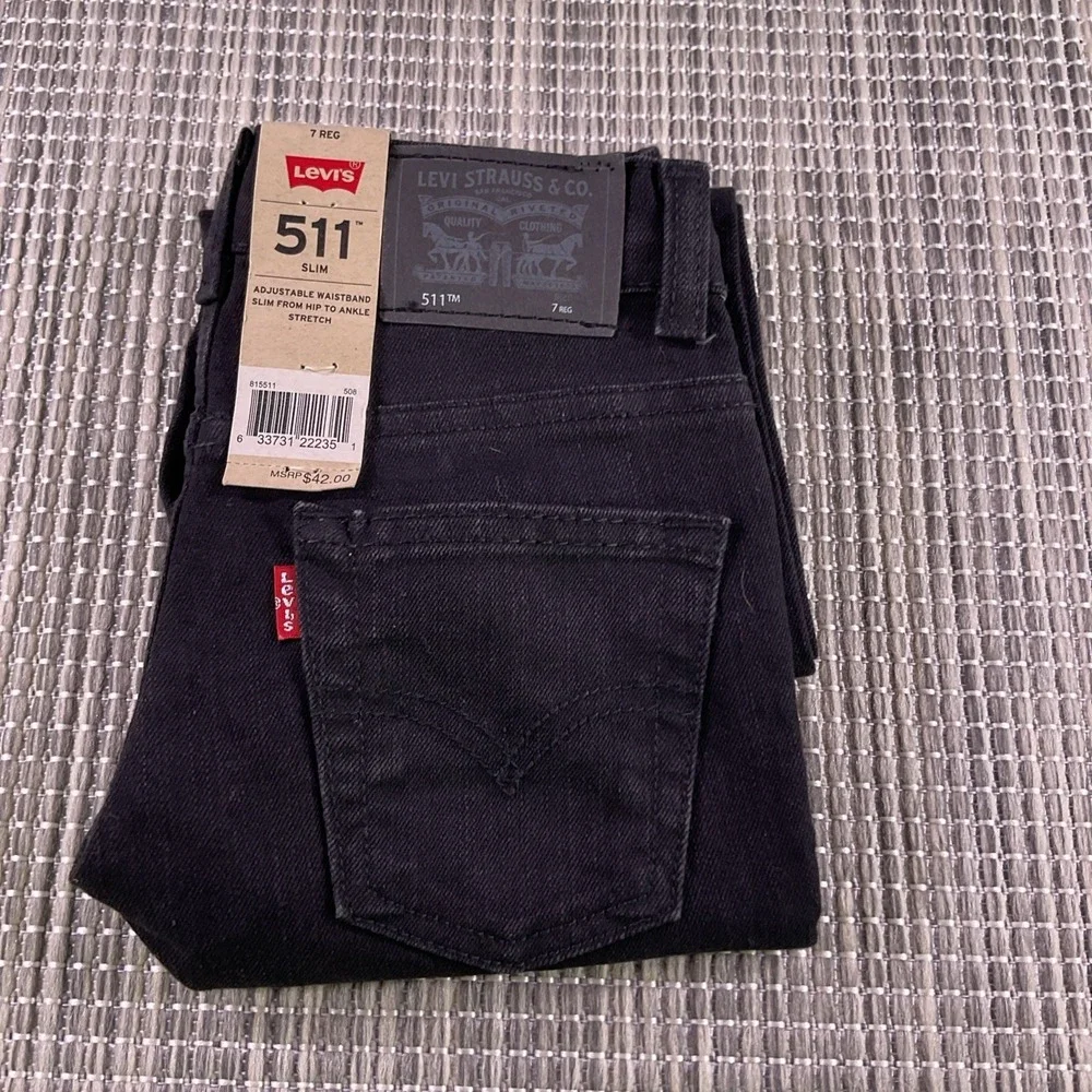 Levis 511 Slim Kids Jeans Black Adjustable Waist Stretch Denim Size 7 Regular